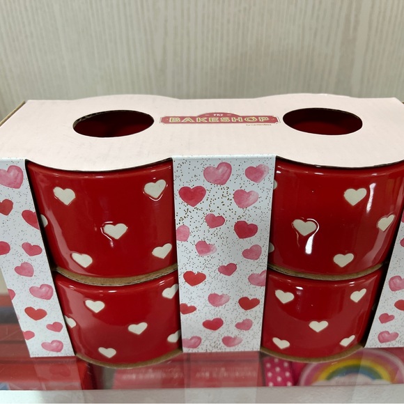 Valentine’s Day Red Bakeshop Ceramic Ramekins with White Hearts Set of 4 NWT - Picture 2 of 5